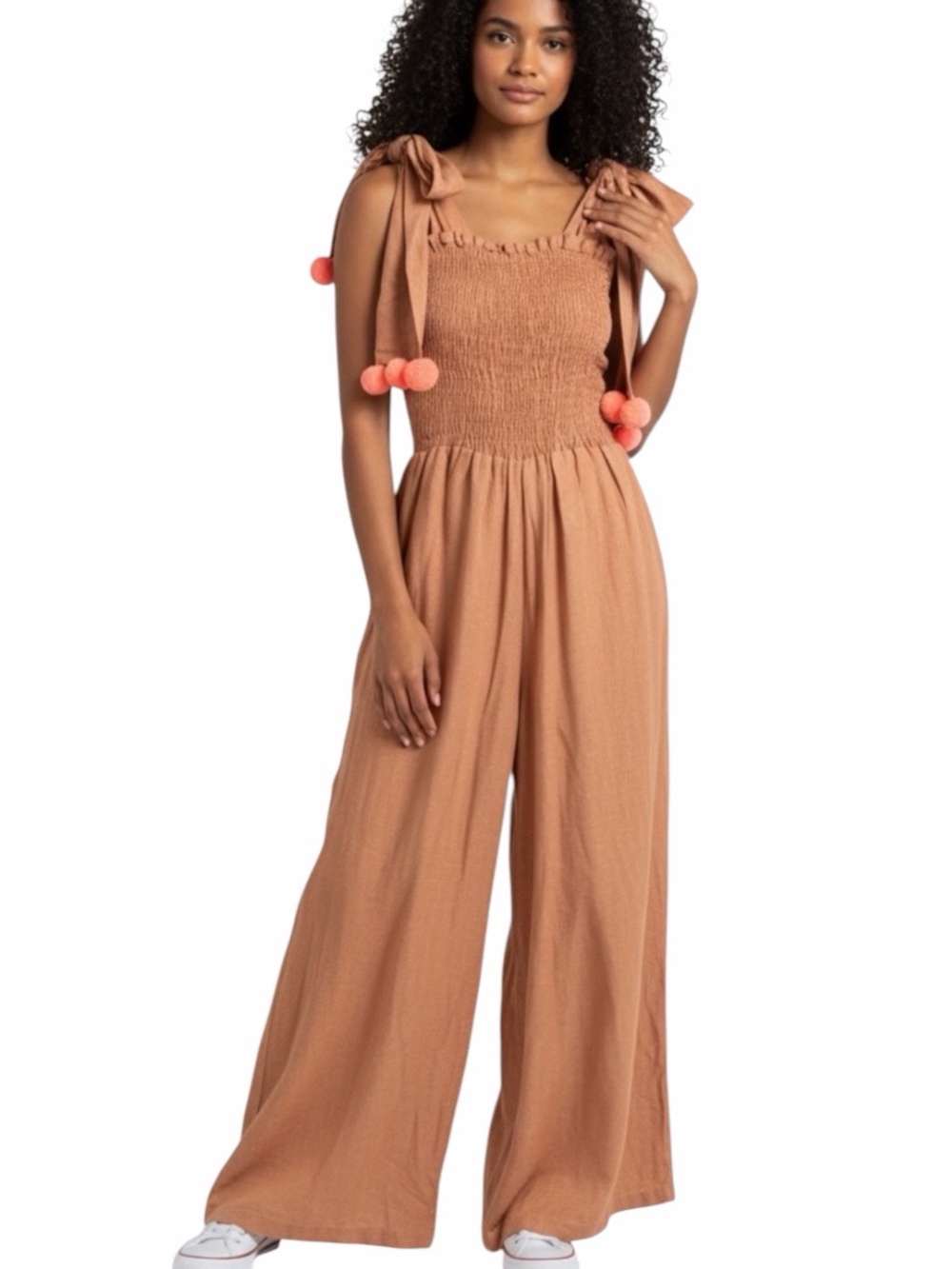 Sundress Paris Wide Leg Jumpsuit Smocked Tie Strap Pom Pom Resort Palazzo